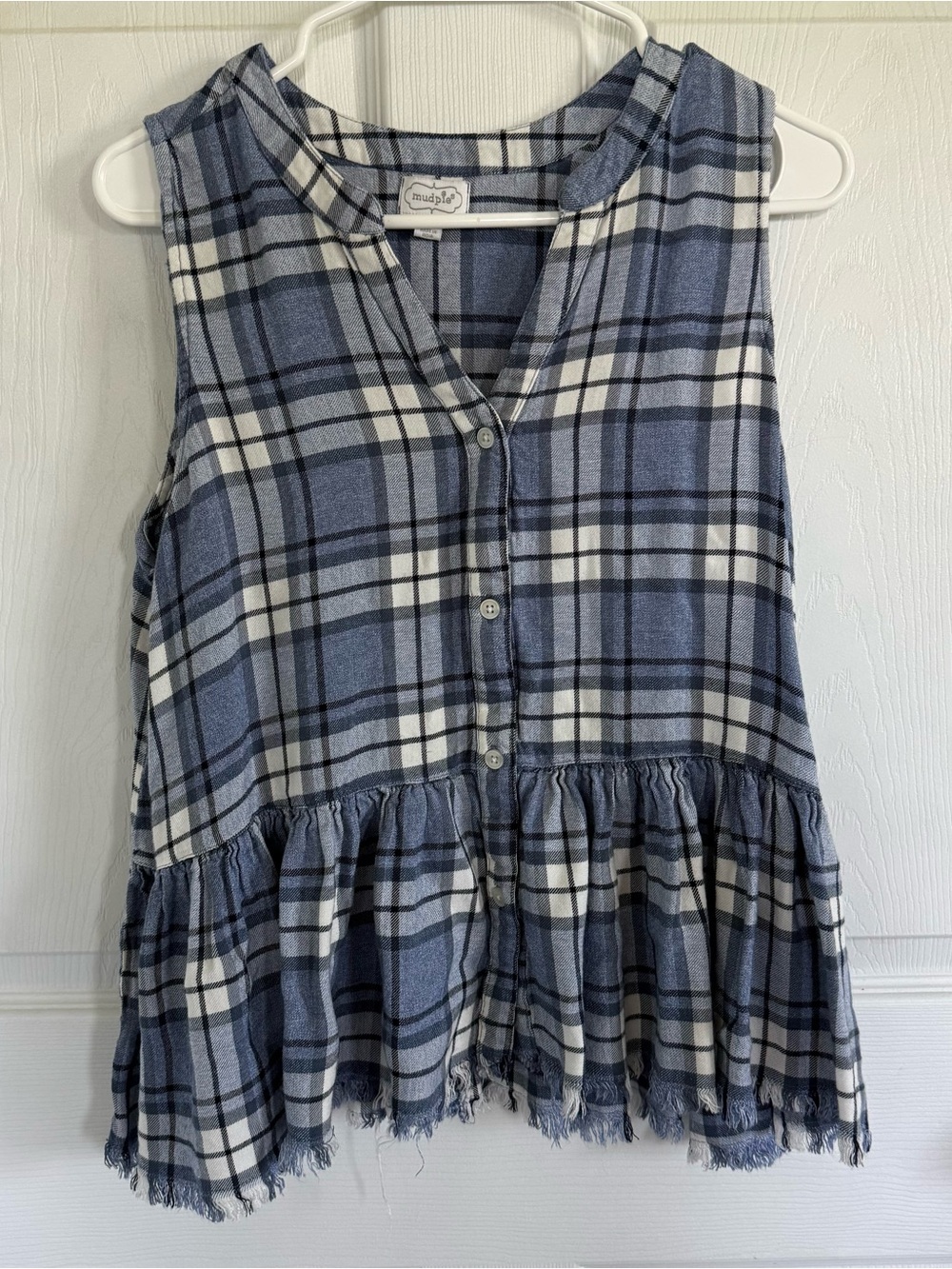 Mud Pie Blue and White Western Fringe Style Plaid Button-Front Top Large